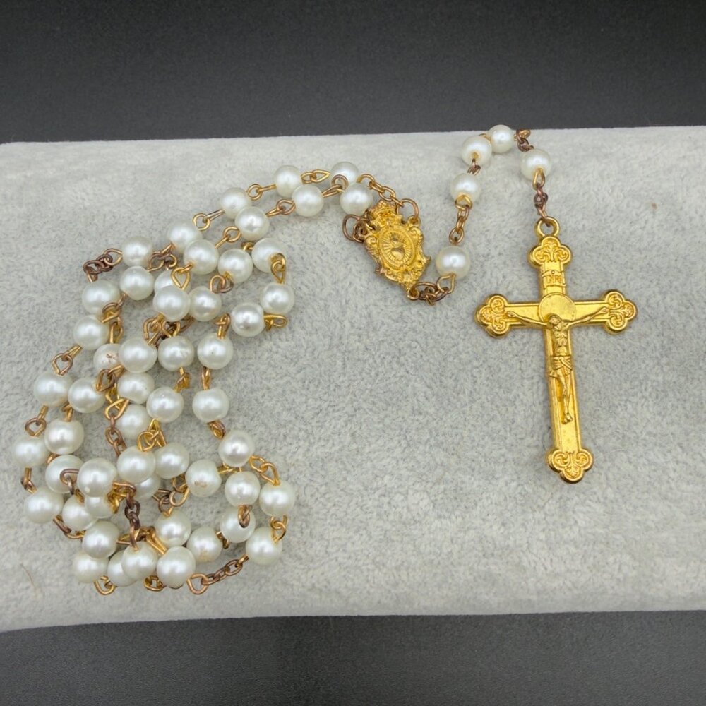 Vintage Catholic Rosary With Gold-Tone Cross & White Beads READ